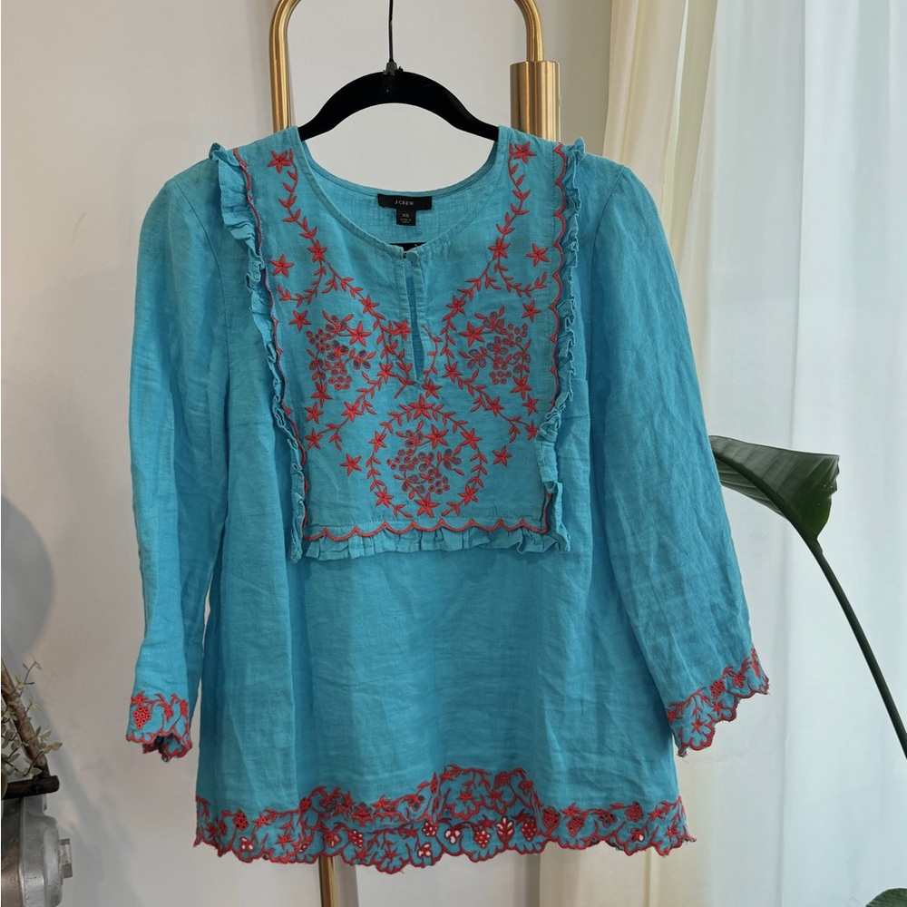 Beautiful J. Crew Women's Embroidered 100% Linen Blouse Monaco Blue Red Xs